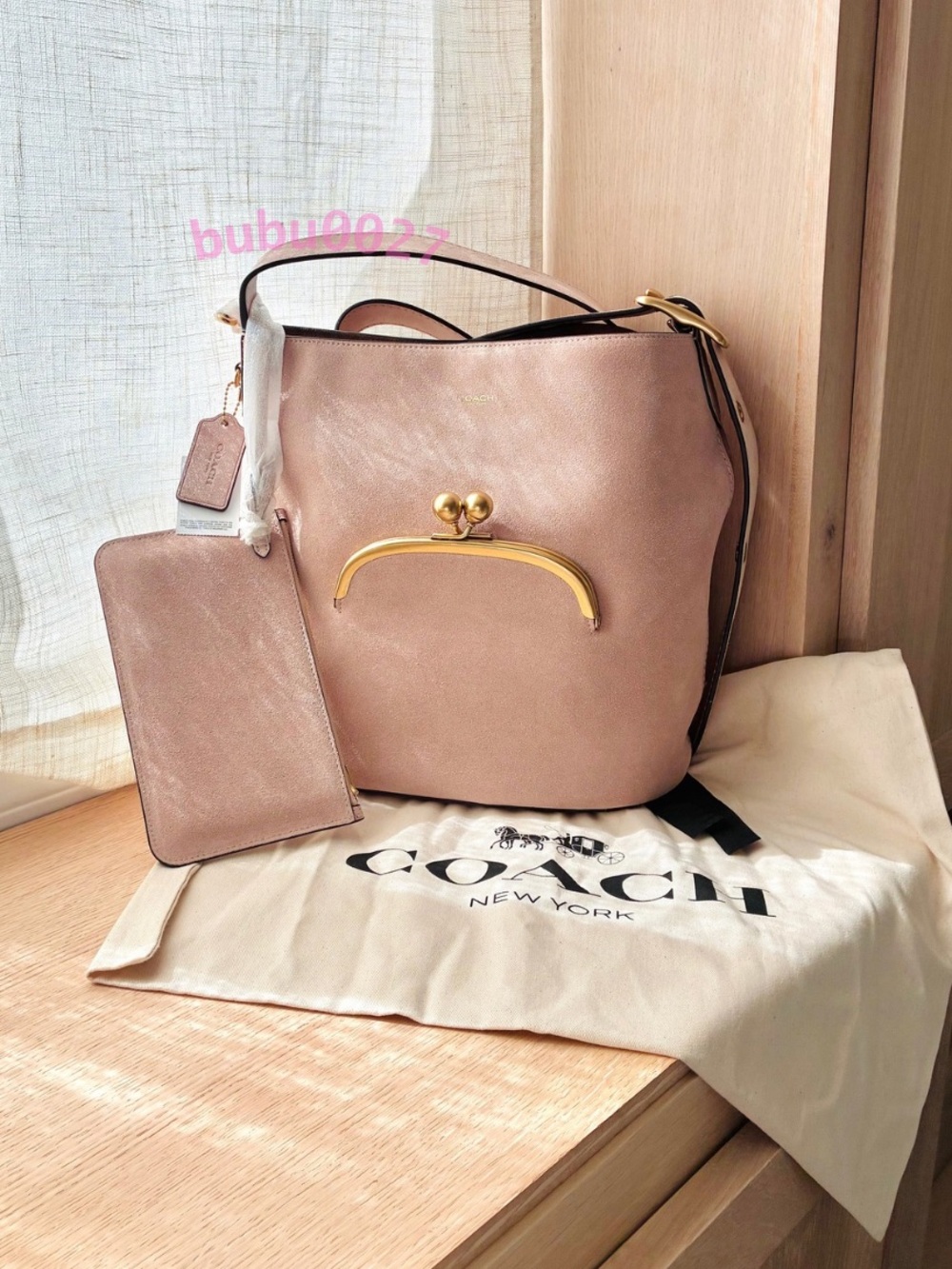 NWT🍑Coach Bleecker Suede Bucket Bag With Kisslock CFB82 Nuage Dusty Pink Nude